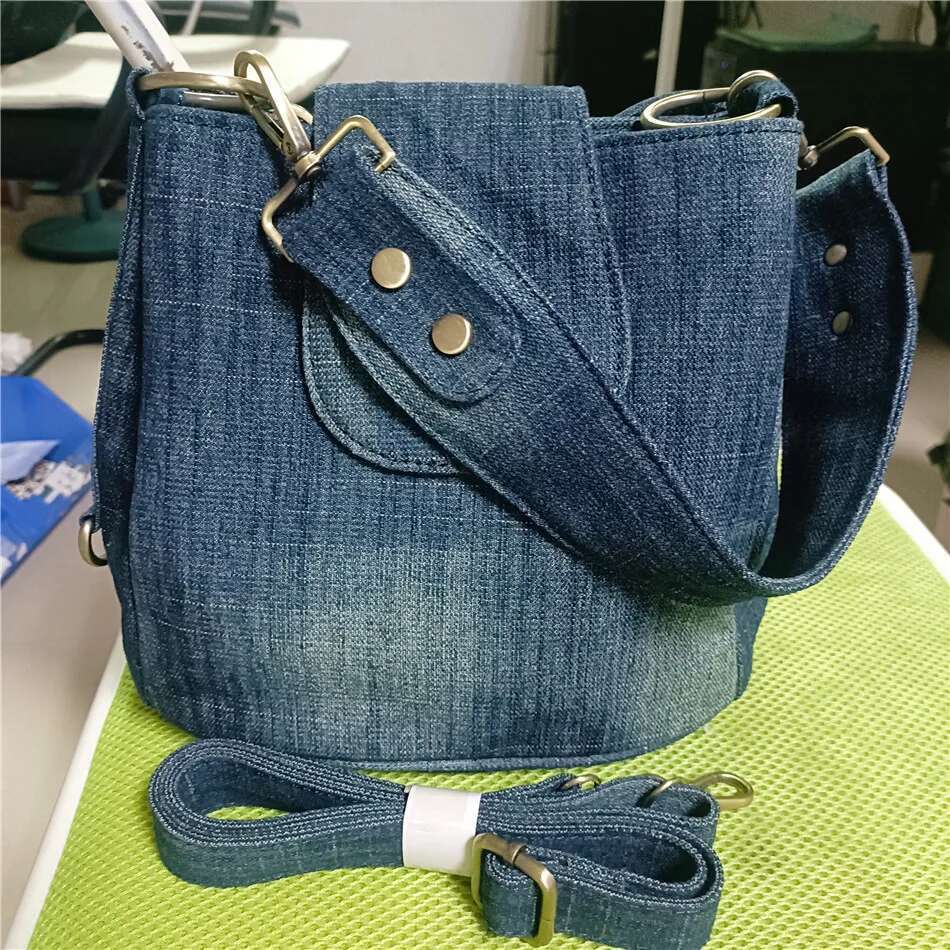 Casual Denim Bucket Bag For Women Shoulder Crossbody Bag Multiple Pockets Ladies Handbag Design Female Big Totes Blue