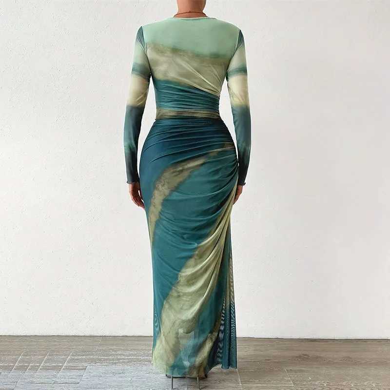 Tie Dye Green Mesh Corset Dress Autumn Elegant Women Dresses Bodycon Long Sleeve Dress Print Maxi Ruched Through Female DressXJ250514