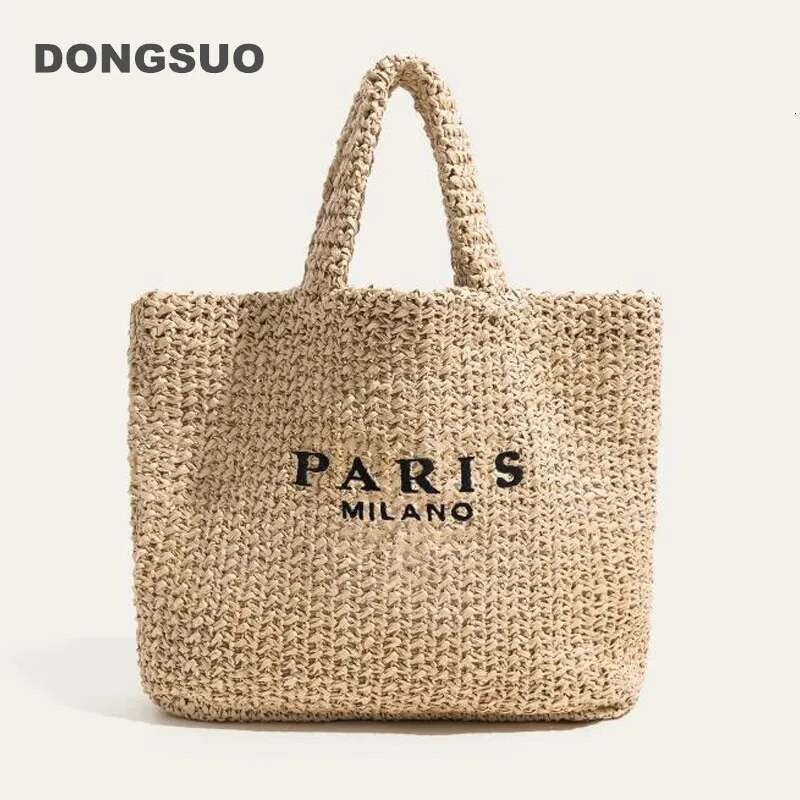Raffia Crochet Straw Tote Bag Women Handmade Large Capacity Summer Beach Woven Handbag Black Natrual 2023 New