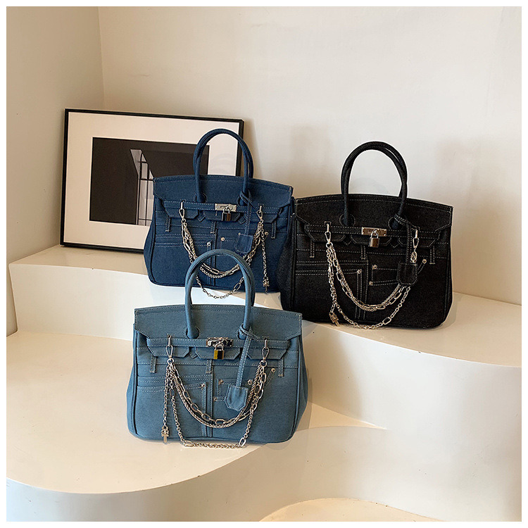 Designer Fashion Kelly Bag Large Capacity Denim Women's Single Shoulder Crossbody Bag Clear Thread Fake Pocket Metal Lock Handbag Workplace Women