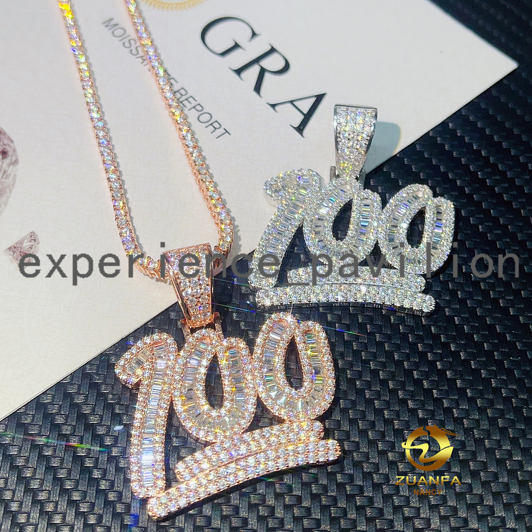 Hip Hop Jewelry Custom Charm Lucky Number 100 Pendant Baguette VVS Moissanite Pendant Iced Out Necklace