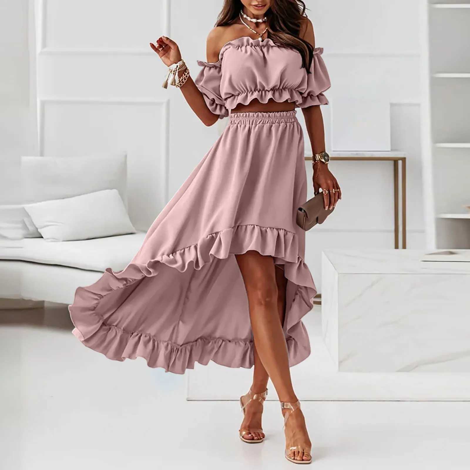 Womens Solid Off Shoulder Dress Line Neck Sexy Elastic Top Puffy Sleeve Long Ruffled Hem Skirt Dress Woman Suit Skirt For WomenXJ250514