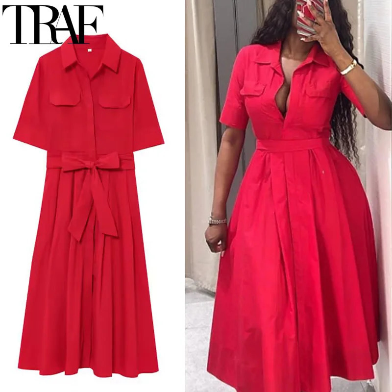 TRAF Red Womens Dress Short Sleeve Shirt Long Dresses For Woman Pleated Midi Casual Collared Holiday 088 250514