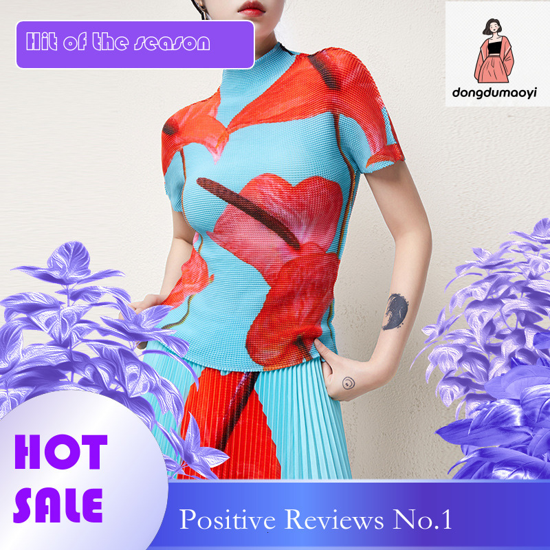dongdumaoyi Miyake skirt design, niche texture, t-shirt, plant flower mid length skirt, two-piece set, women's clothing