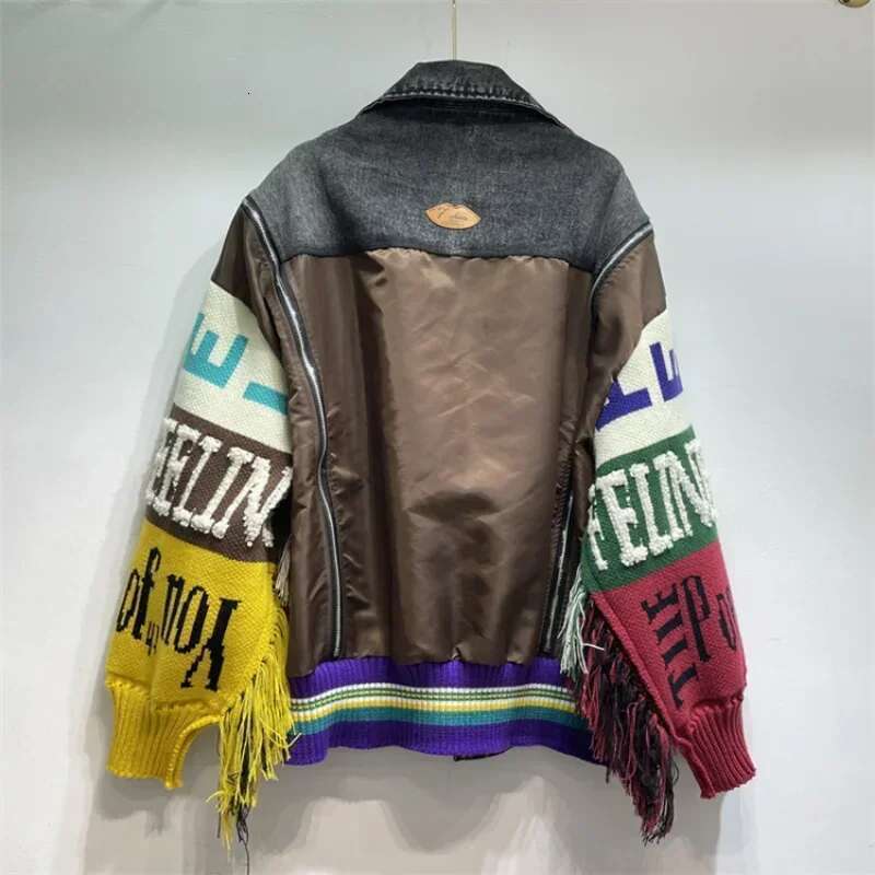 Women Letters Badges Embroidery Denim Coat Knit Spliced Sleeve Sweater Tassels Jeans Jacket Streetwear Cardigan Tops Chaquetas