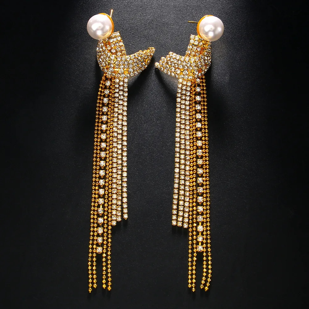 Elegant Long Tassel Rhinestone Drop Earrings Piercing Bridal Gift Square Pearl Geometric Dangle Earrings Wedding Jewelry 250513