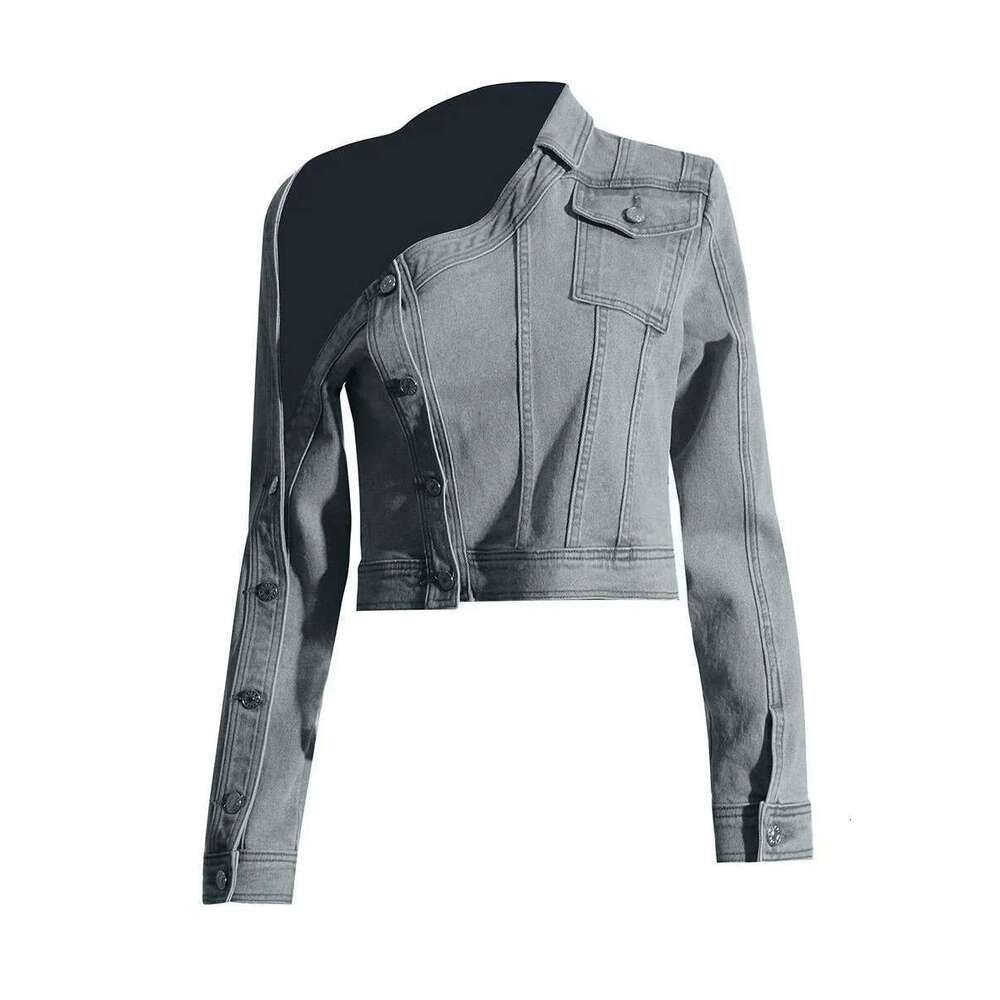 Plus Size Blue Formal Casual Short Streetwear Stand-Up Collar One Shoulder Long Sleeve Button Denim Jacket Fall Winter
