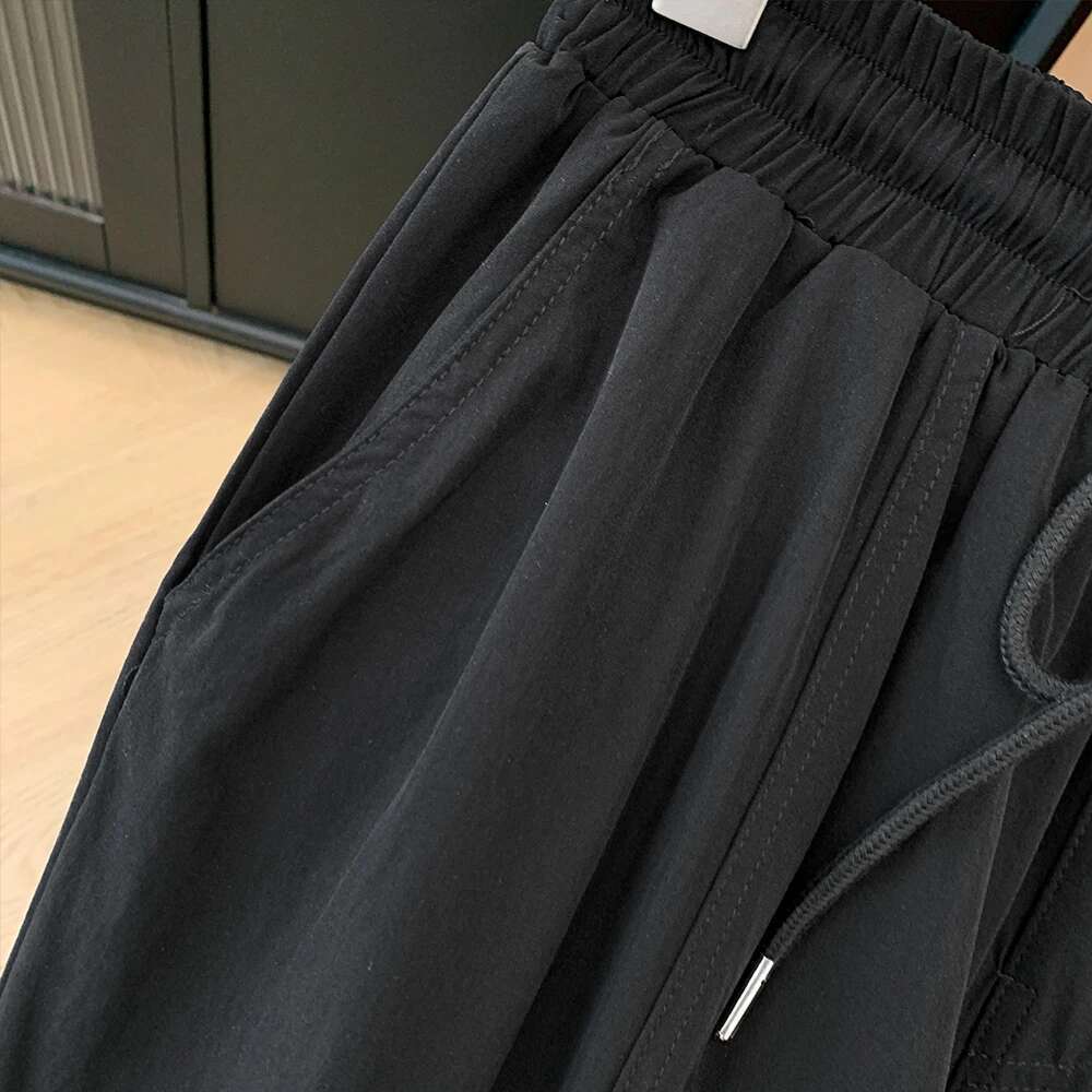 Plus-size women's spring-fall casual commuter slacks Black army green elastic-waist-drawstring pocket straight-leg pants large