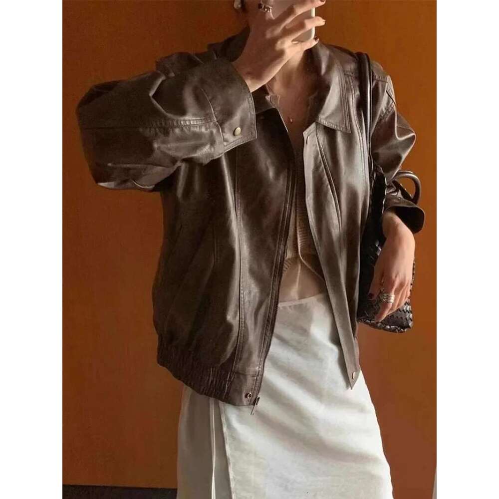 Korean Chic Motorcycle Outerwears Pu Leather Chaquetas Mujer Women 2025 Jacket Loose Laple Neck Ropa Long Sleeve Casaco