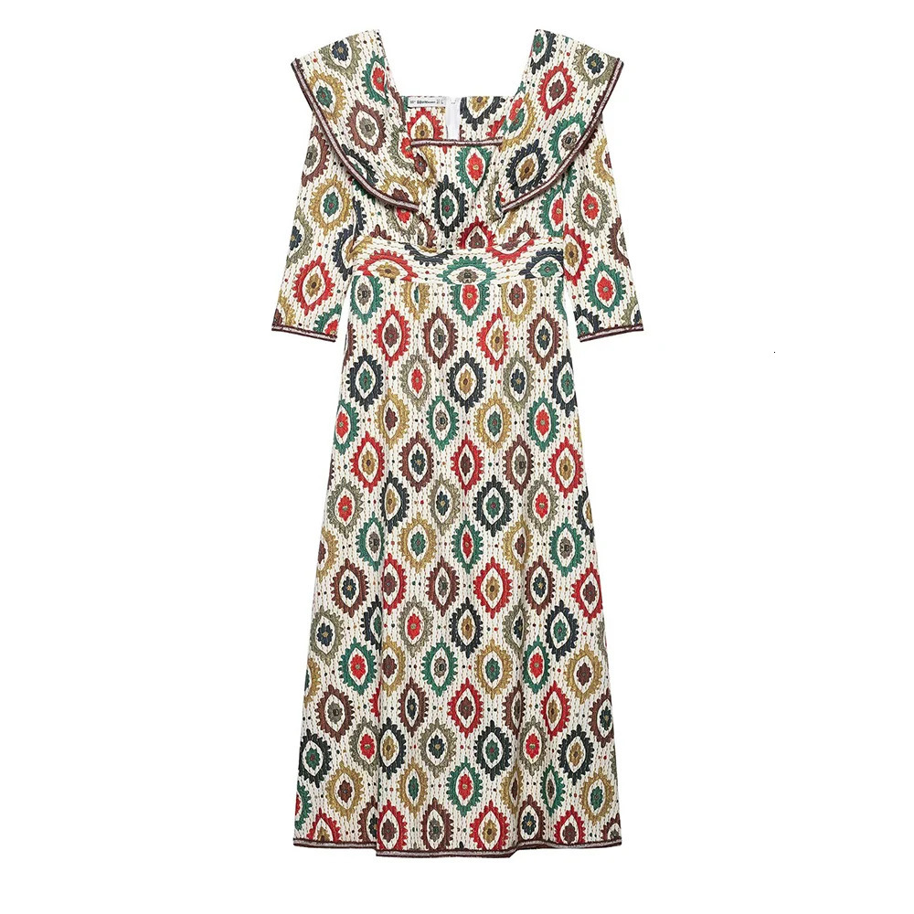 SpringSummer Product Womens Clothing Ethnic Style Printed Dress Temperament Lotus Neck High Waist Line 250514