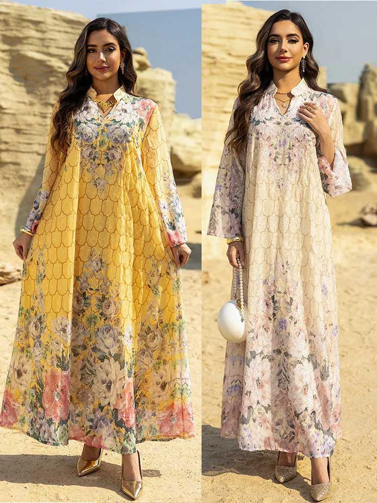 Eid Print Dress for Women Abaya Beading Party Long Dresses Muslim Caftan Robe Jalabiya Ramadan Morocco Dubai 2025 Vestido Largos X2505141