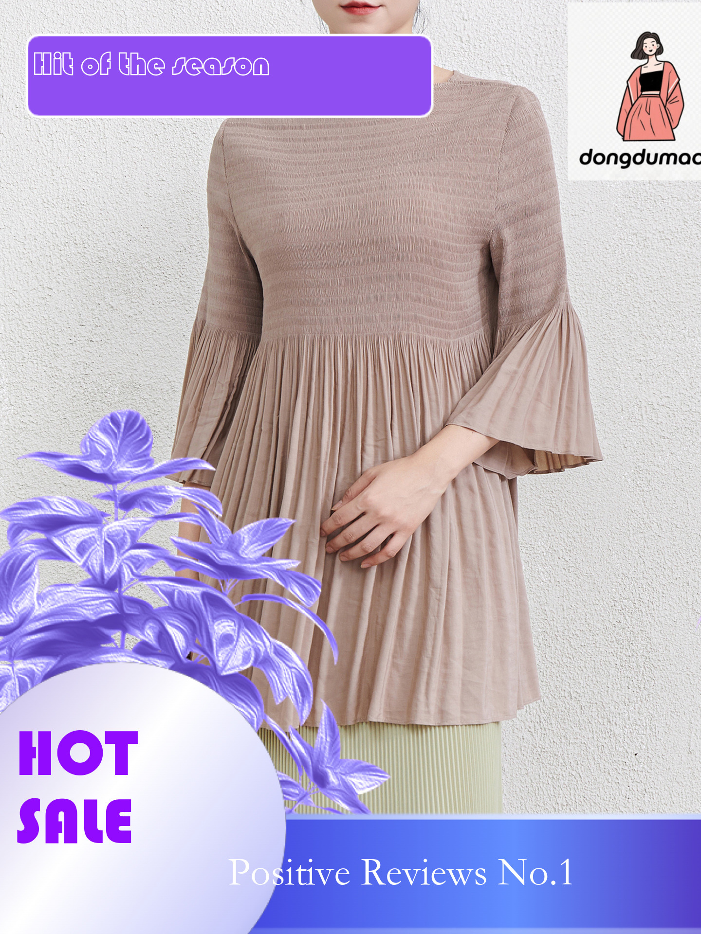 dongdumaoyi Miyake trumpet sleeve round neck pleated T-shirt 2025 spring new large loose medium long style slimming top for women