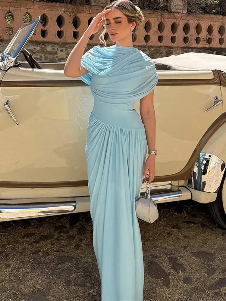 Blue Pleated Shawl Maxi Dress Women Elegant Short Sleeve Slim Fit Evening Party Robe Spring Summer Chic Solid Vestidos 250514