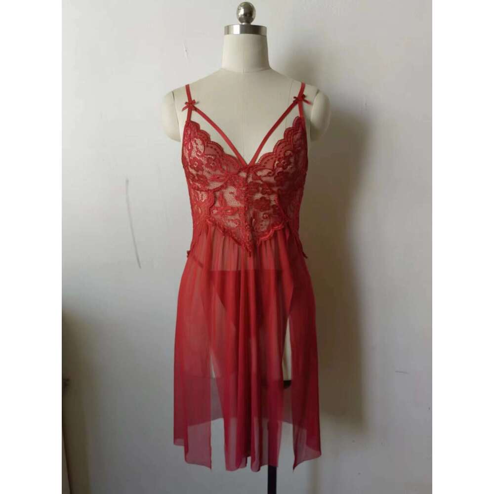 Sexy Lace Lingerie Fun Lingerie For Women Sexy Lace Mesh Patchwork Suspender Slit Exposed Breast Long Skirt Sleeping Dress KQ