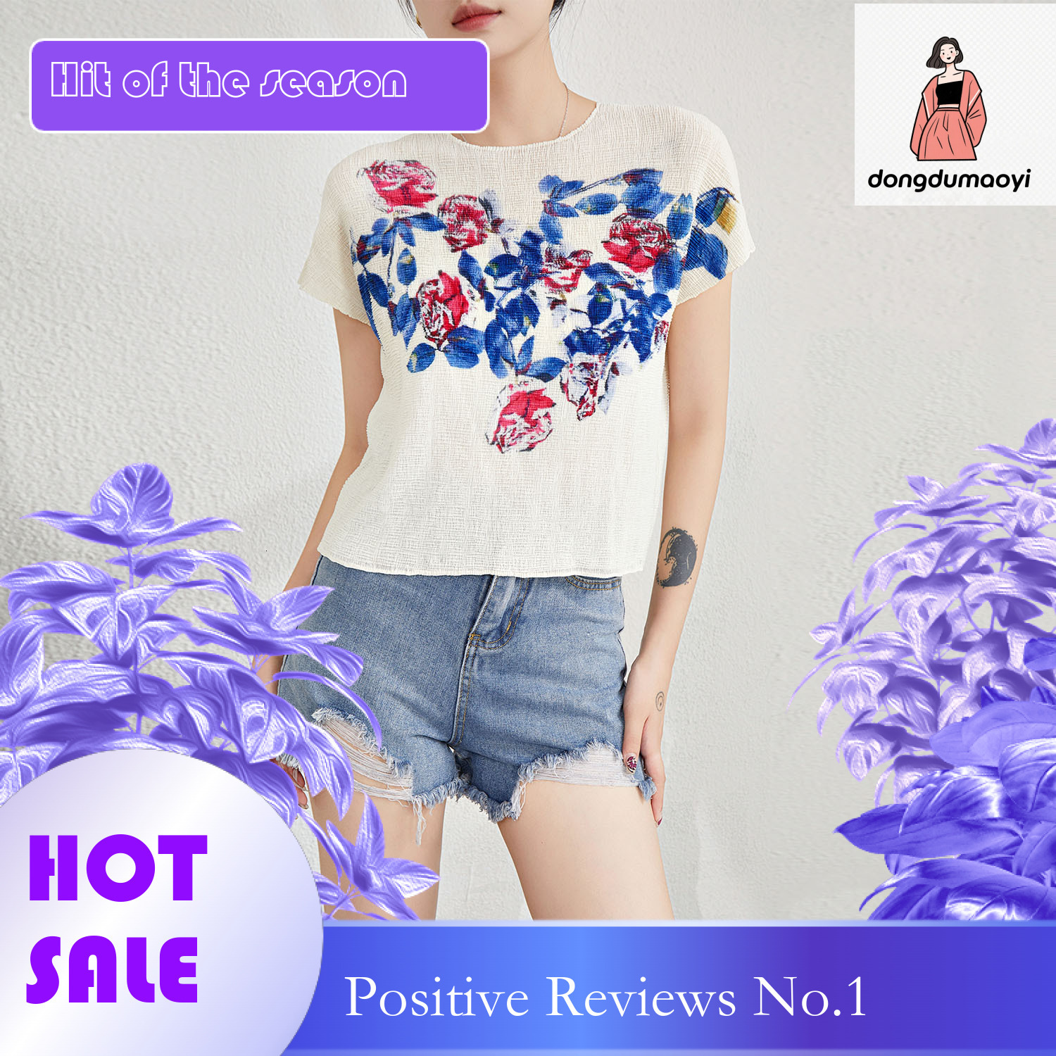 dongdumaoyi Fashionable pleated printed T-shirt 2024 summer new top bat sleeve round neck pullover loose and versatile short sleeved shirt