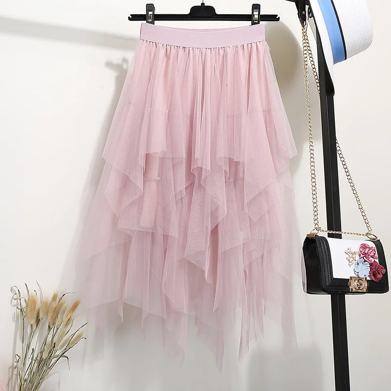 Womens Half Length Skirt Irregular Mesh High Waisted Versatile Slimming Aline Fluffy Gauze Medium 250514