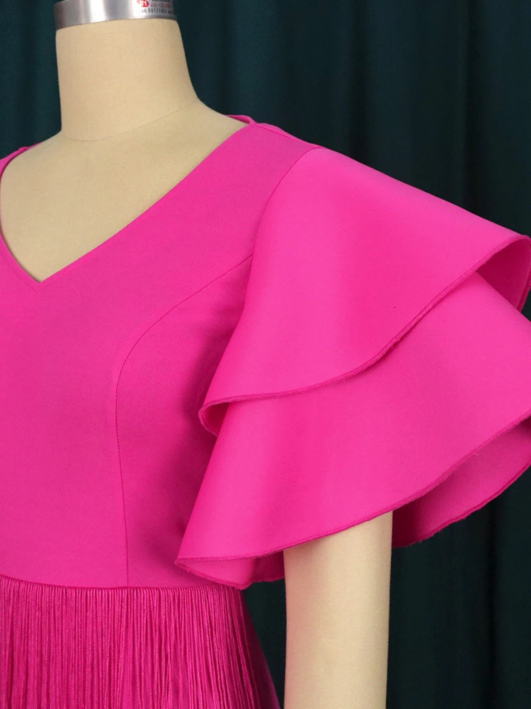 Rose Tassel Dress Plus Size 4XL Bodycon Slim Party Ruffles Short Sleeves V Neck Fringe Elegant Fashion Prom Evening Gowns 250506