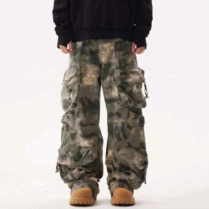 Camouflage Men's Wide Leg Pants High Street Three-dimensional Multi Pockets Bottom Tie Dye Cargo Trousers Spring