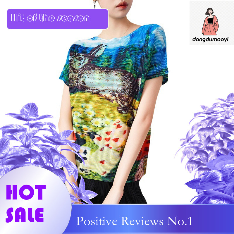 dongdumaoyi Wrinkle printed T-shirt 2023 summer three bedroom new loose oversized stylish and creative commuting art top