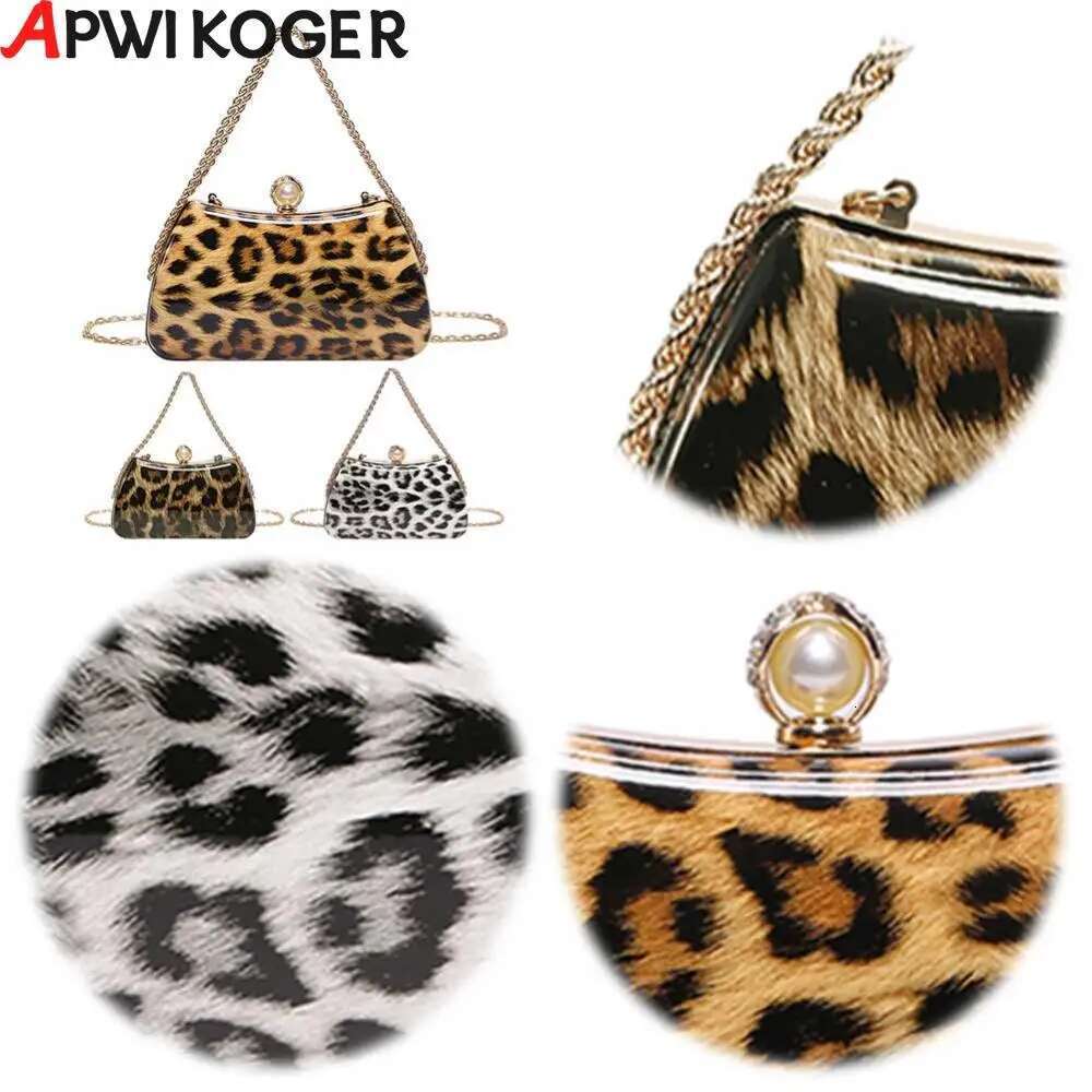 Women Handbag Leopard Shoulder Bag Chain Clutch Purse Rhinestone Top Handle Satchel For Wedding Party Prom