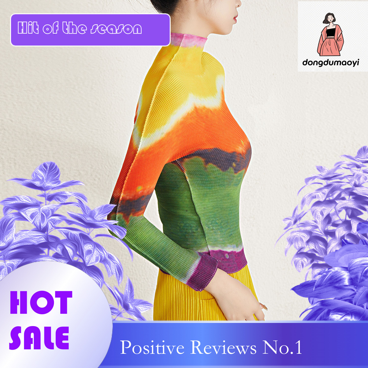 dongdumaoyi Wrinkled top abstract sunset print top, long sleeved T-shirt for women, new slim fit, slimming temperament, and stylish small shirt