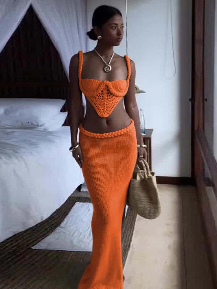 Nibber Beach Style Crochet Shirring 2 Piece Set Women Cross Bandage Backless Irregular TopsSolid Long Skirts Vacation Suits 250514