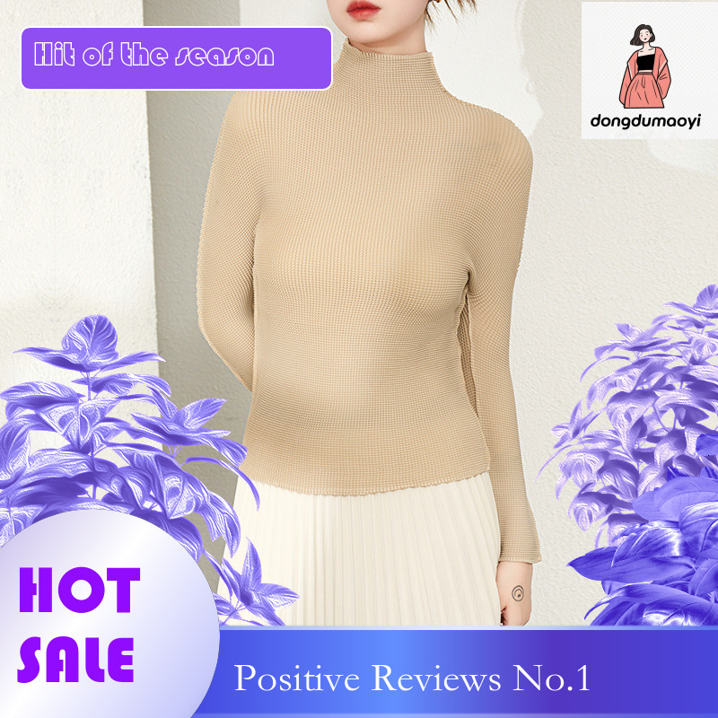 dongdumaoyi Miyake seamless integrated semi base shirt pleated high neck temperament, slim fit and slimming long sleeved T-shirt for women, thin versi
