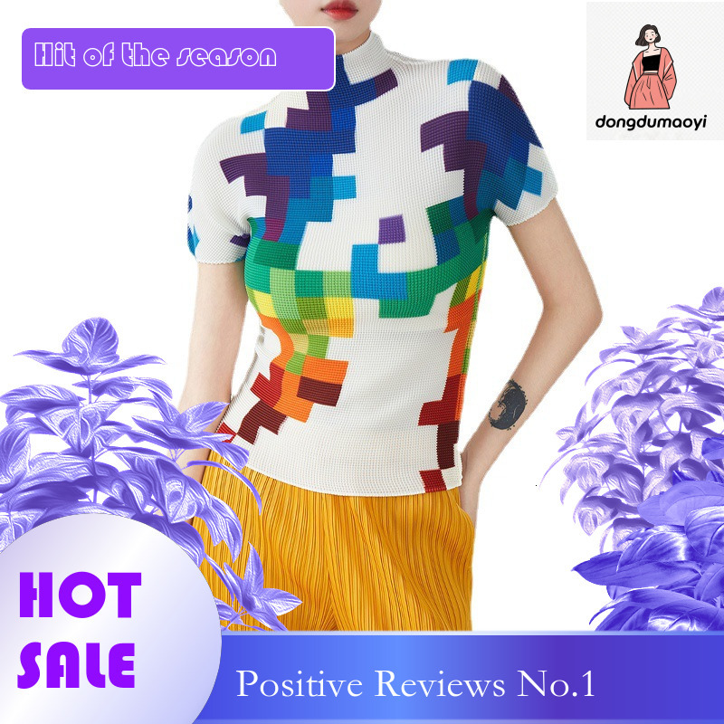 dongdumaoyi Miyake printed pleated top for women, summer new fashion design, slim fit and slimming short sleeved T-shirt