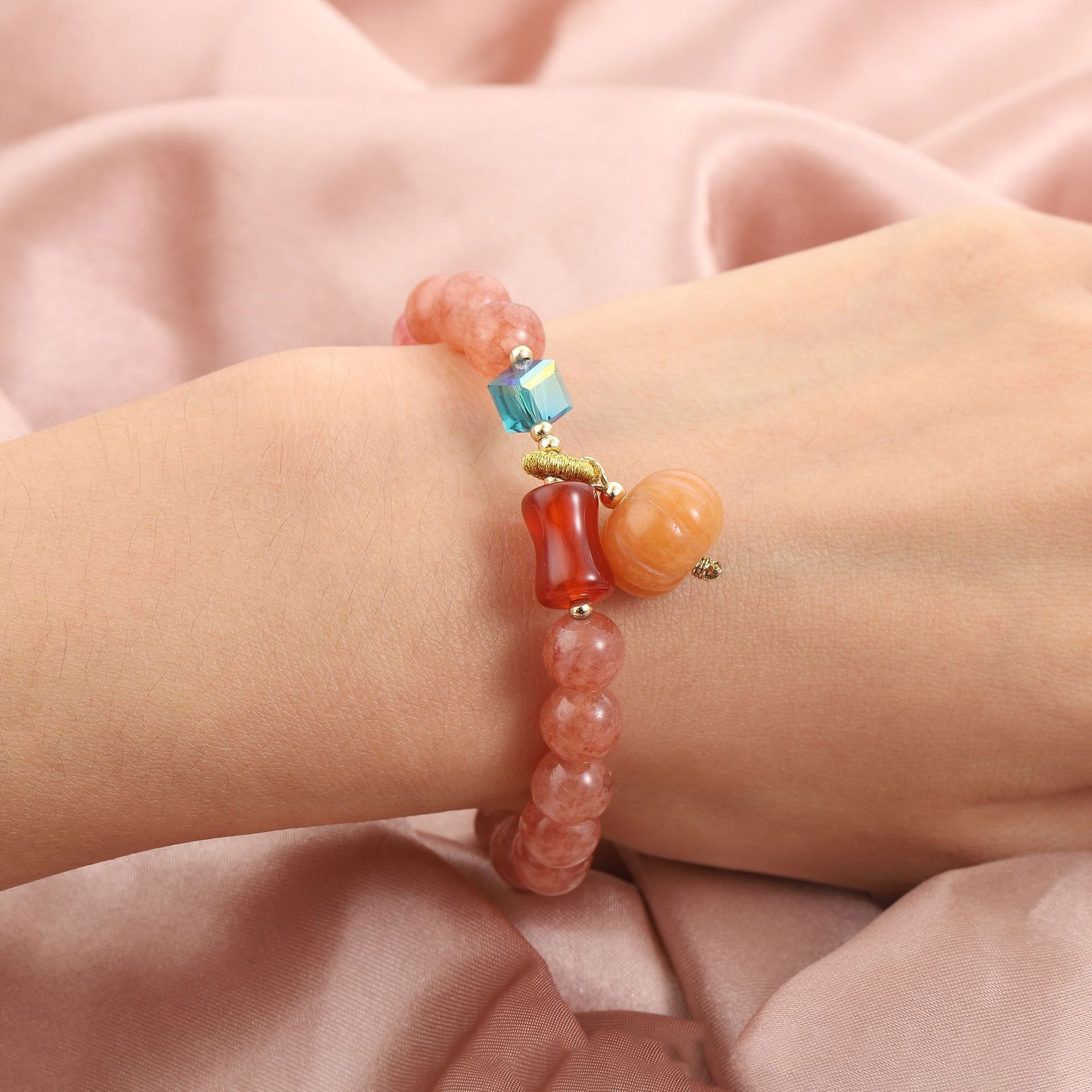 Straight Fashion Countryside Style Women's Beaded Agate Sun Stone Bracelet Simple Creative Pumpkin Pendant