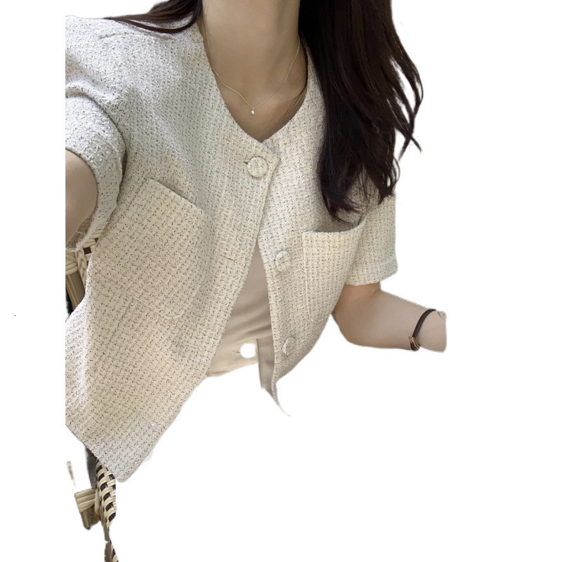 Korean chic temperament small fragrant style coarse tweed round neck versatile single breasted short sleeved cardigan small jacket for women 221007