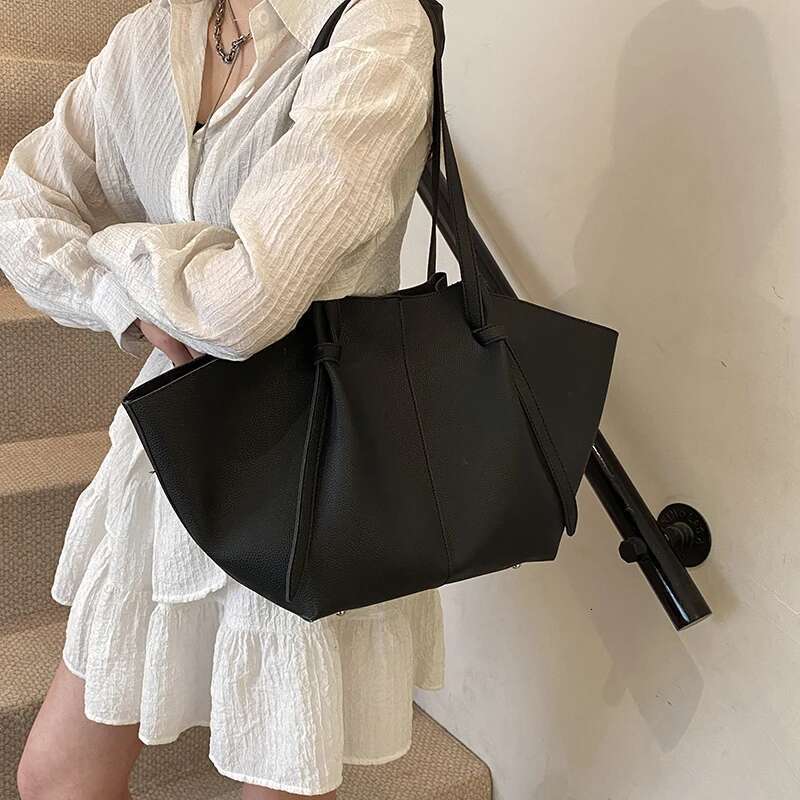 Women Fashion Shoulder Large Capacity PU Leather Casual Handbag Solid Color Simple Tote Purse Female Shopping Bag