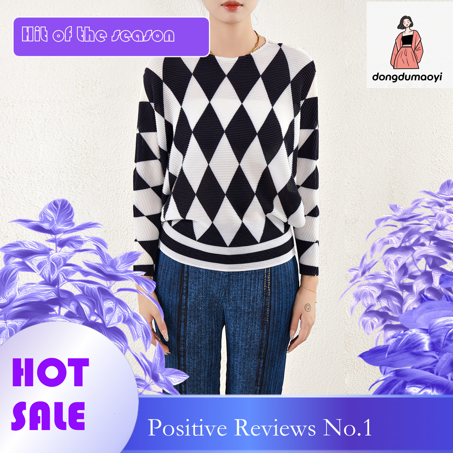 dongdumaoyi Miyake Diamond Grid Top Women's Loose Large Bat Sleeve Printed Wrinkle T-shirt Stylish Versatile Look Slimming Bottom Shirt