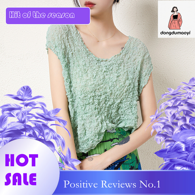 dongdumaoyi Wrinkled short sleeved top, women's bag sleeves, round neck, summer new style, loose design, thin and slightly transparent T-shirt, c