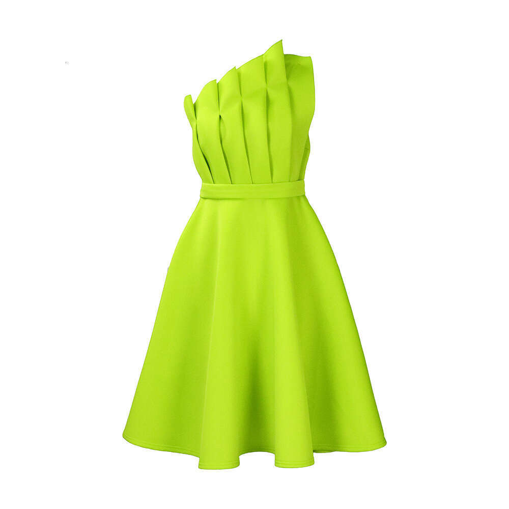 Women's Wear Large Women's Summer Sexy Diagonal Collar Three-Dimensional Pleated High Waisted Banquet Evening Dress