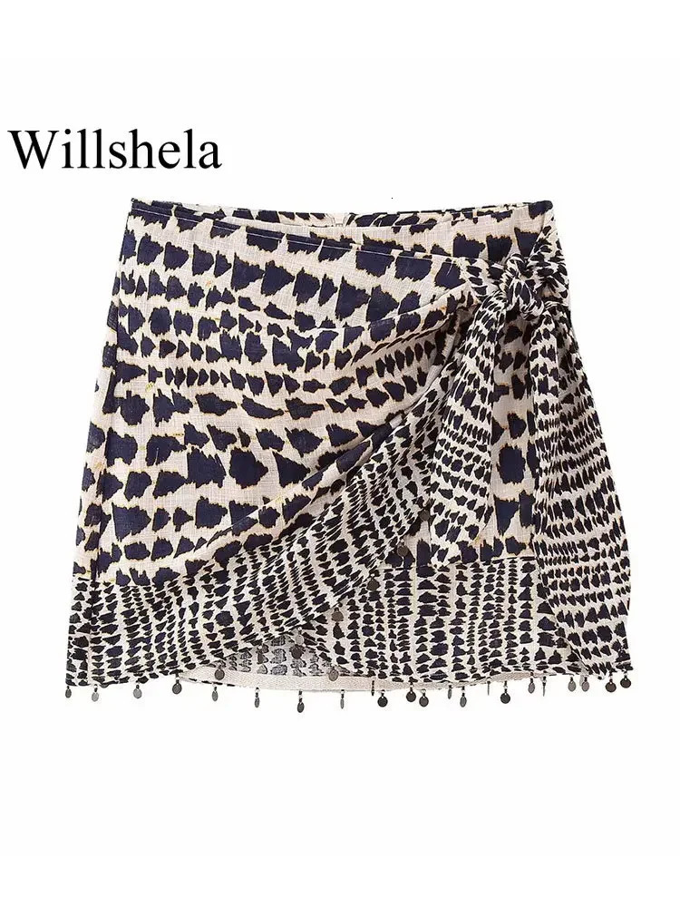 Willshela Women Fashion With Beading Printed Pleated Back Zipper Mini Skirts Vintage High Waist Female Chic Lady 250514