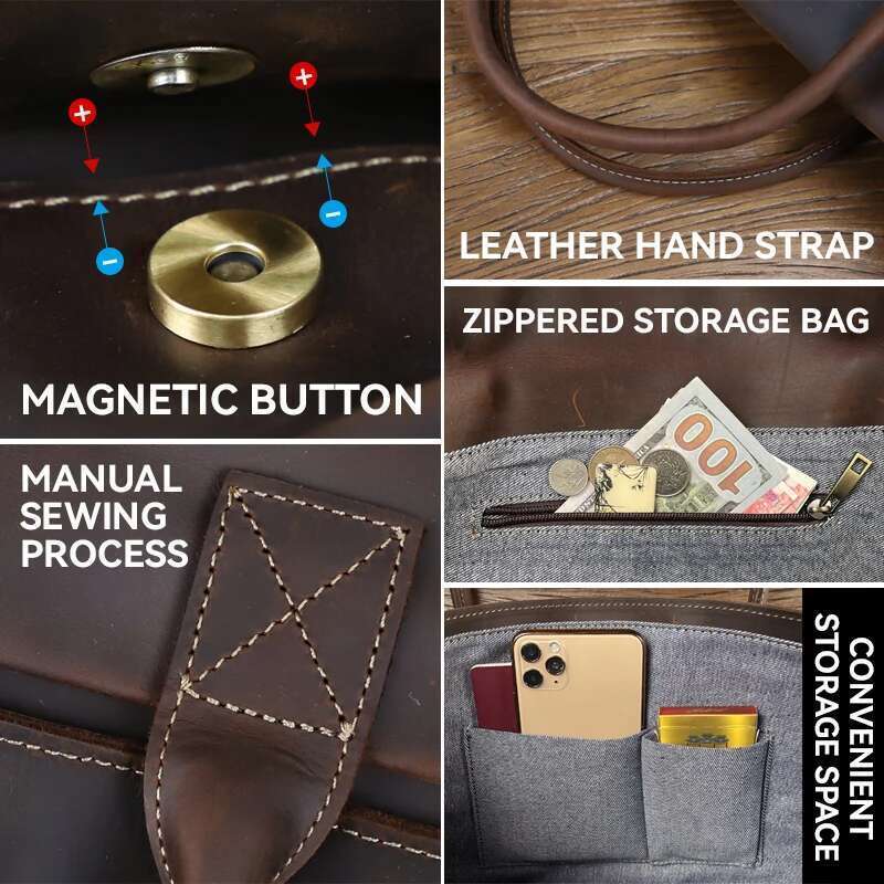 Retro Men's Briefcase Genuine Leather Handbag Top Layer Cowhide Business Tablet Bag Slim Clutch For 16-Inch Laptop
