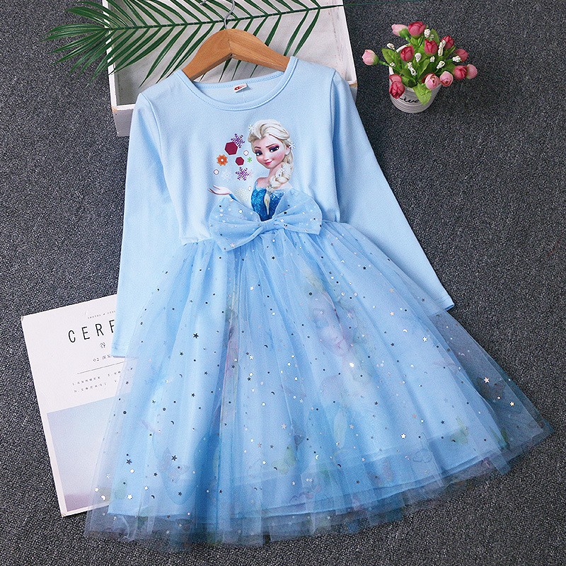 DISNEY Frozen Elsa princess kids designer clothes baby girl designer clothes girl Spring and Autumn Children's Autumn Puff Dress.