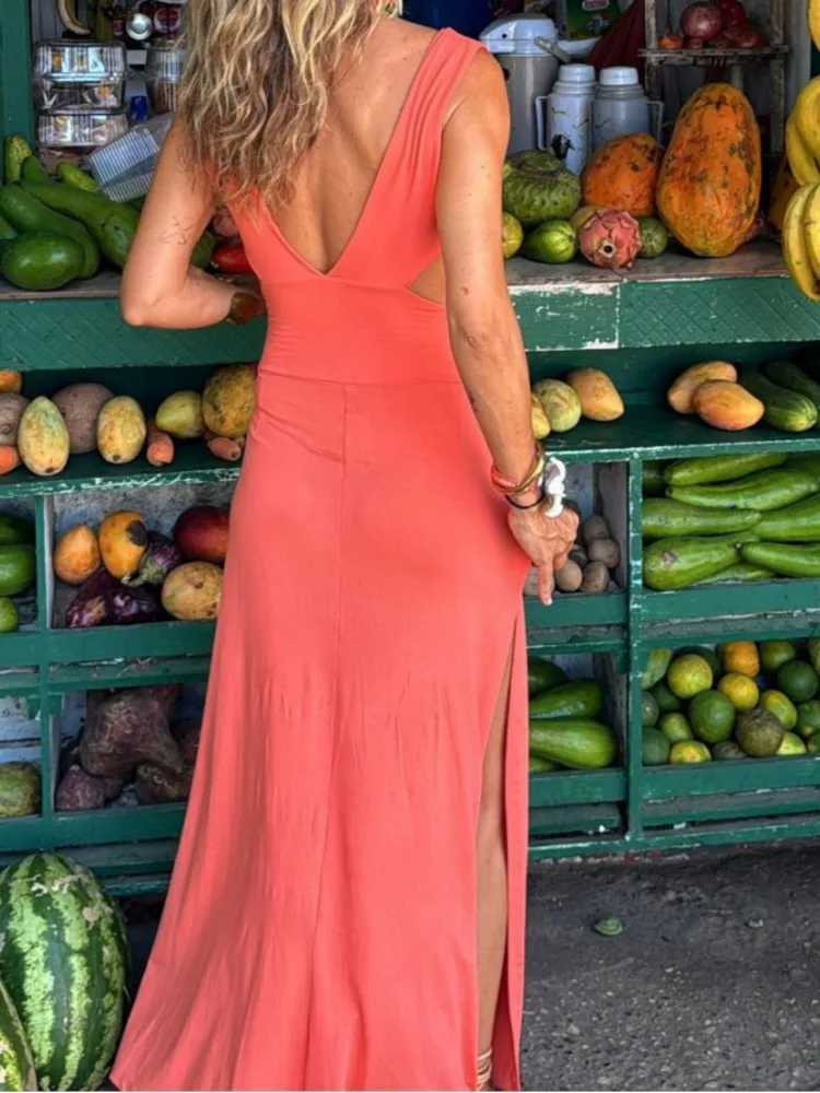 Women Boho Dress Fashion Sexy V Neck Sleeveless Backless Hollow Long Dresses Lady Beach Holiday Dress Women Clothes Summer NewXJ250514