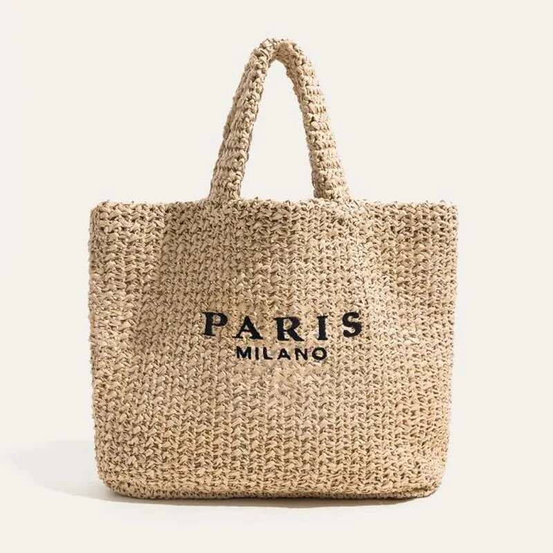 Raffia Crochet Straw Tote Bag Women Handmade Large Capacity Summer Beach Woven Handbag Black Natrual 2023 New