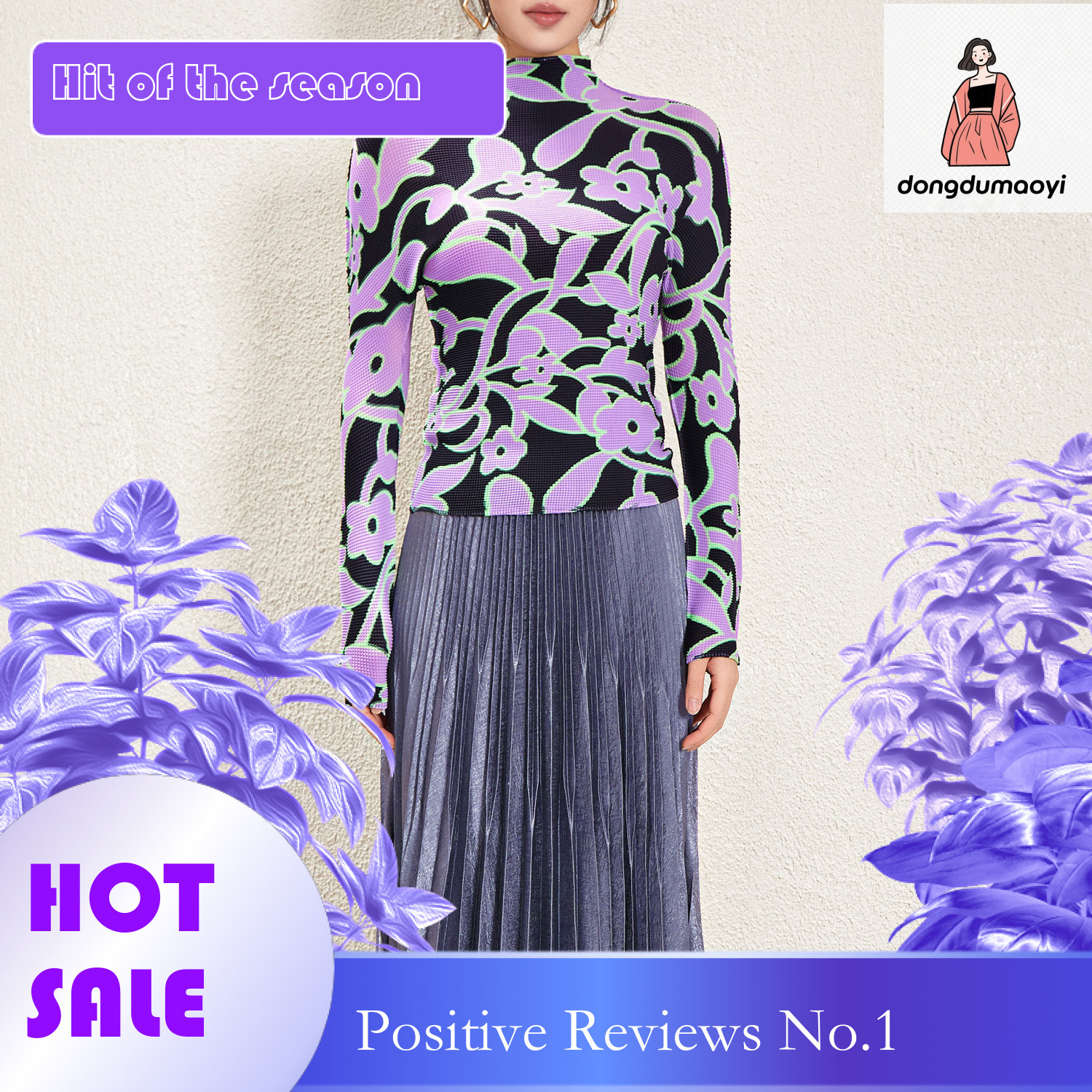 dongdumaoyi Elastic slim fit slimming long sleeved pleated T-shirt base, new Miyake semi high neck printed top for women