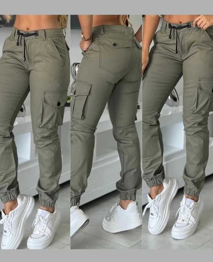 Womens Work Pants 2025 Autumn Winter Latest Urban High Waist Multiple Pockets Design Cuffed Cargo Pants Slim Fit Trousers M250514