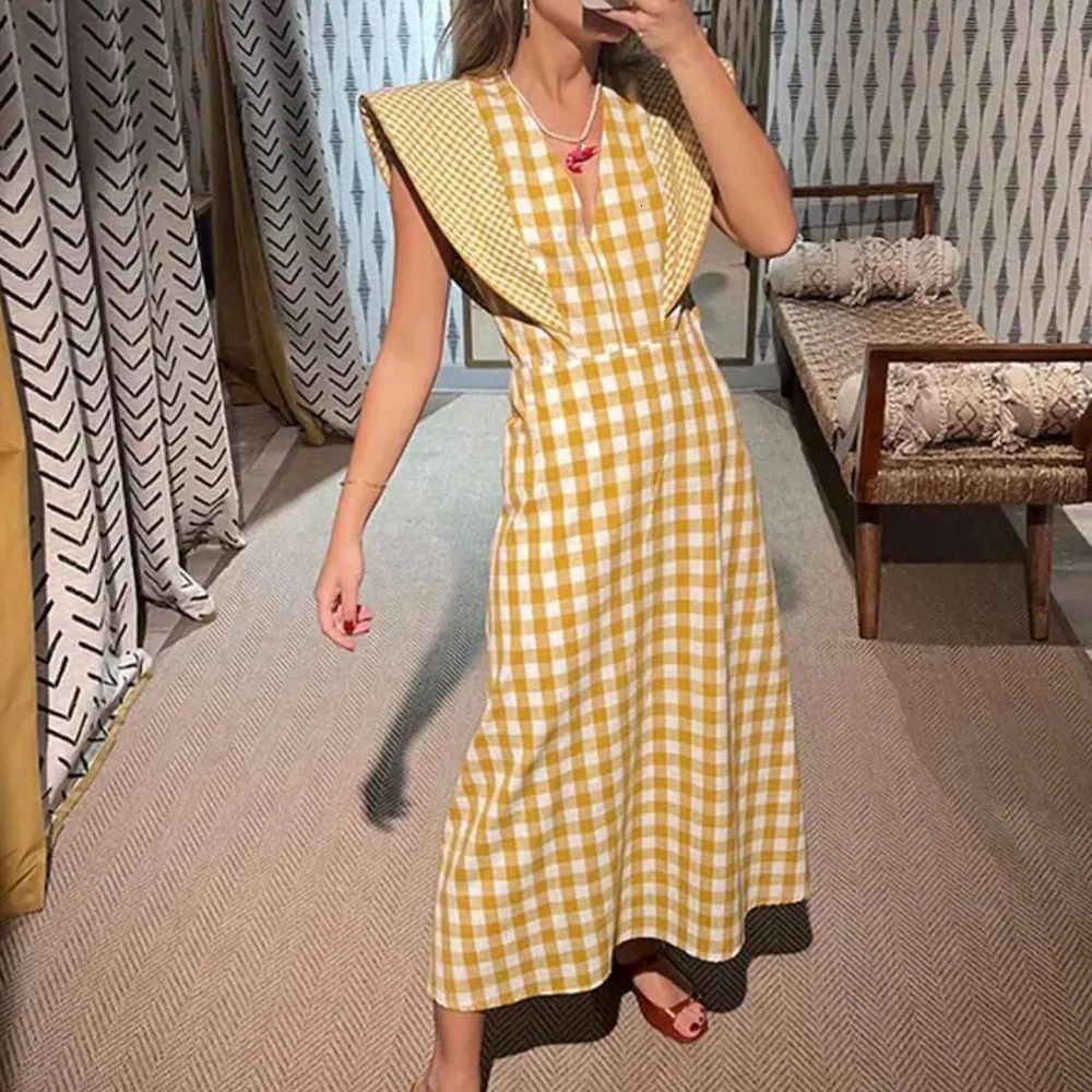 Autumn Womens Flower Shoulder Edge Printed Plaid Vneck Slim Fit Unique Elegant Fashion n Dress 250514
