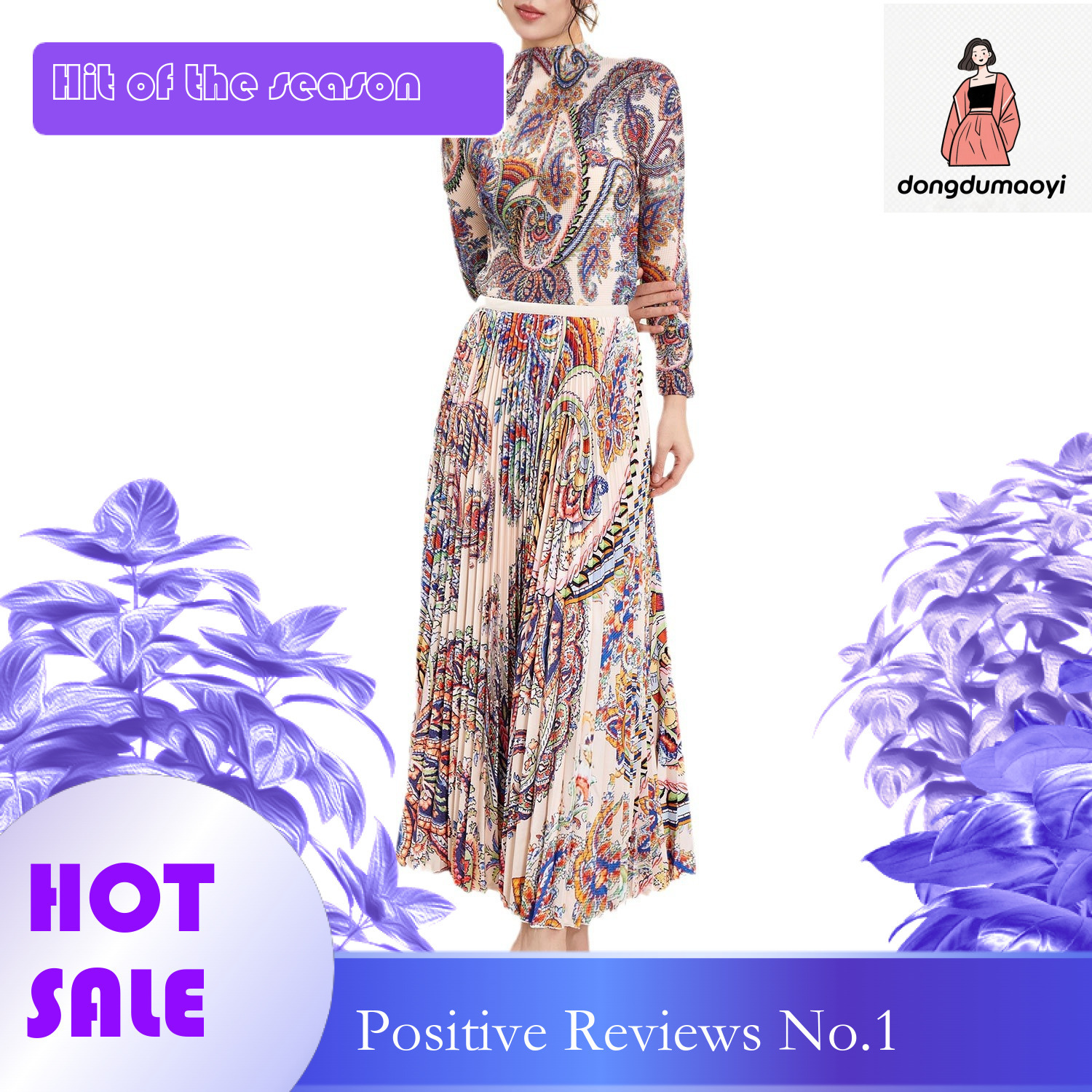 dongdumaoyi Muslim Miyake Fashion High end Women's Printed T-shirt Top Skirt Two piece Set