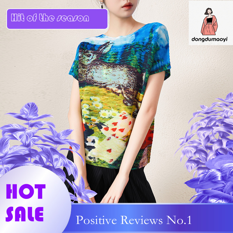dongdumaoyi Wrinkle printed T-shirt 2023 summer three bedroom new loose oversized stylish and creative commuting art top