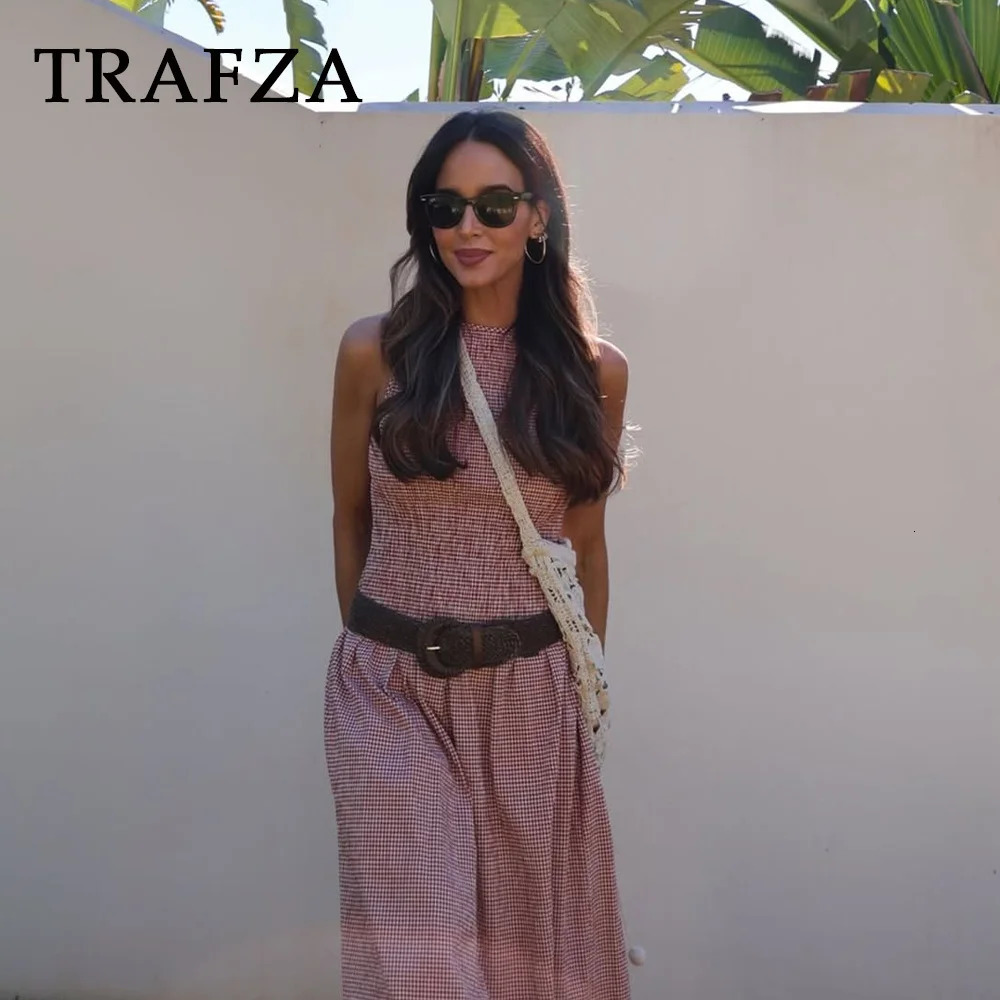 TRAFZA Spring Summer Vintage Plaid Women Loose Dresses Fashion Streetwear ONeck Sleeveless Casual Folds Ladies Long 250514