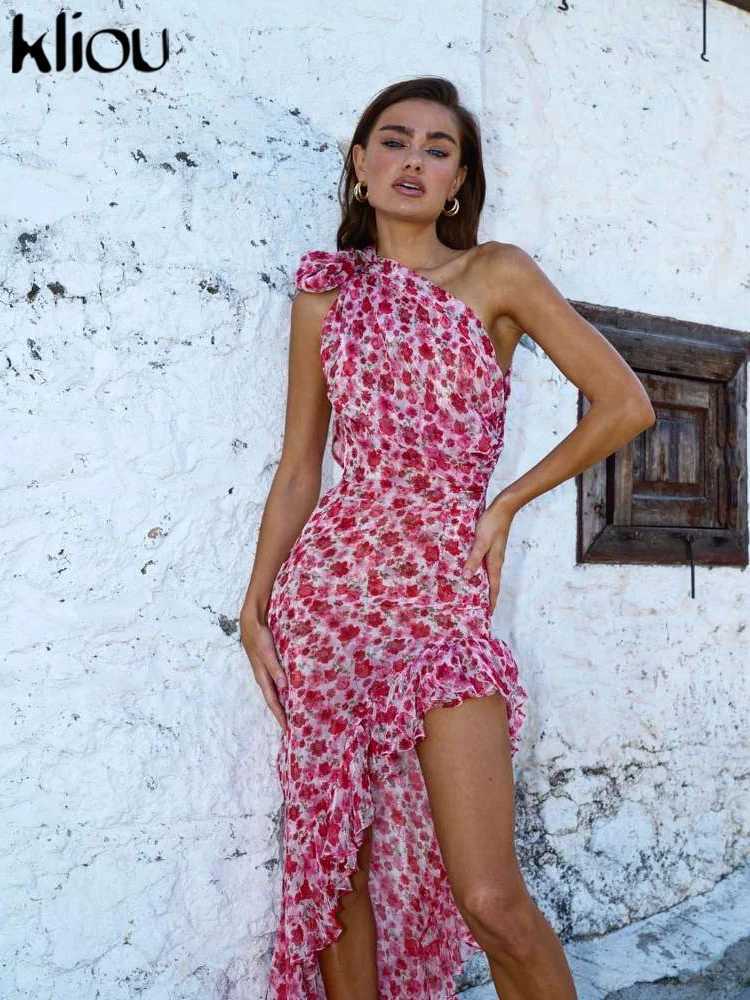 Adhesive Irregular Women Dress Fashion Atttractive Floral Print Incline Shoulder Ruffle Side Split Dresses Trend Female StreetwearXJ250514