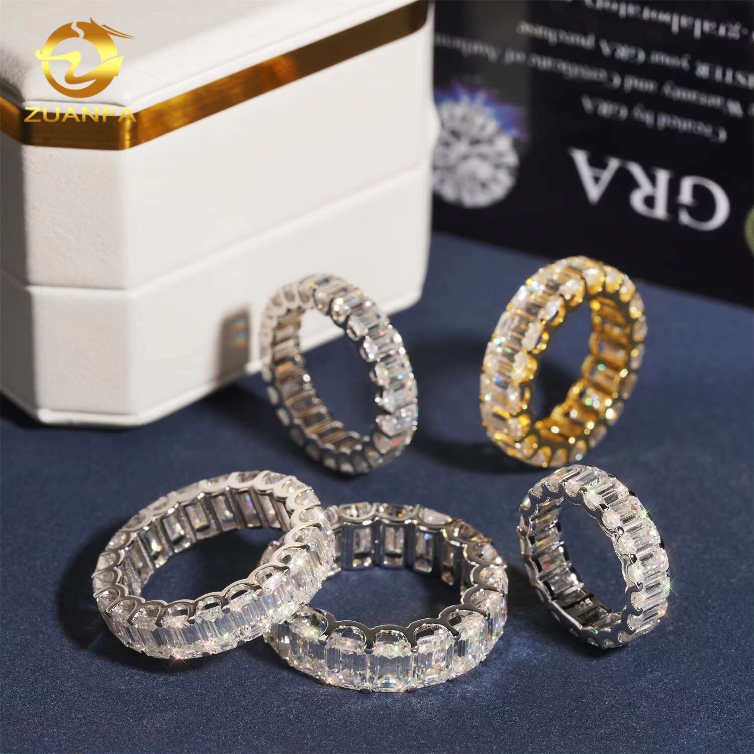 Solid 925 Silver Moissasnite Eternity Ring Iced Out Engagement Rings Emearld Cut Women Men Rapper Jewelry