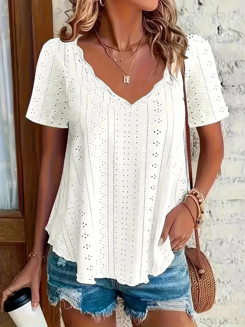 Plus Size Eyelet Solid V Neck TShirt Casual Short Sleeve Top For Spring Summer Womens Clothing 250514