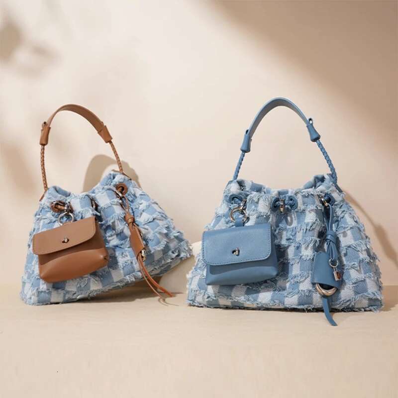 New Denim Series Women Shoulder Brand Tassel Design Cloud Bucket Bag Color Matching Multifunctional Messengerbag With Wallet