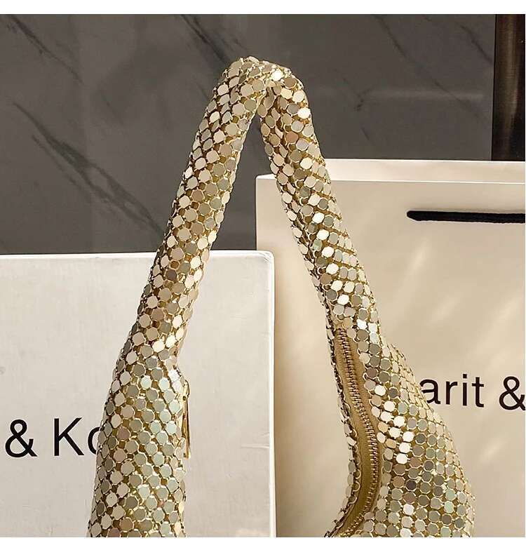 Gold Metal Mesh Shoulder Underarm Bling Shiny Sequins Evening Bag Women's Handbag Wedding Party Clutch Purse Female Armpit